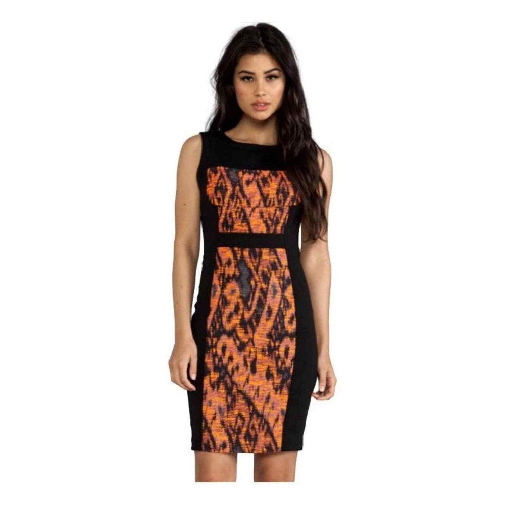 MM Couture Miss Me Womens Ikat Jacquard Sheath Dress Black Orange V-Back Size M
